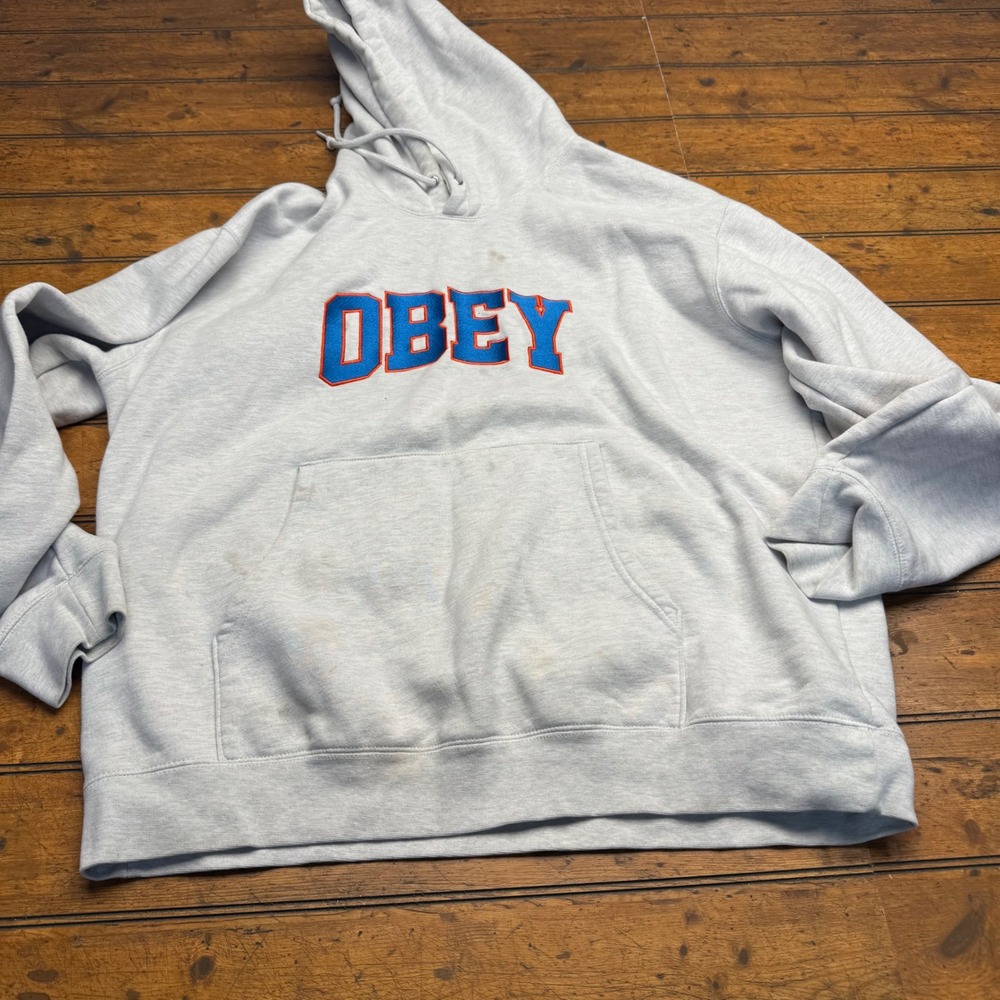 OBEY‎ Worldwide Grey Pullover Hoodie Embroidered Logo Spell Out Men's XL